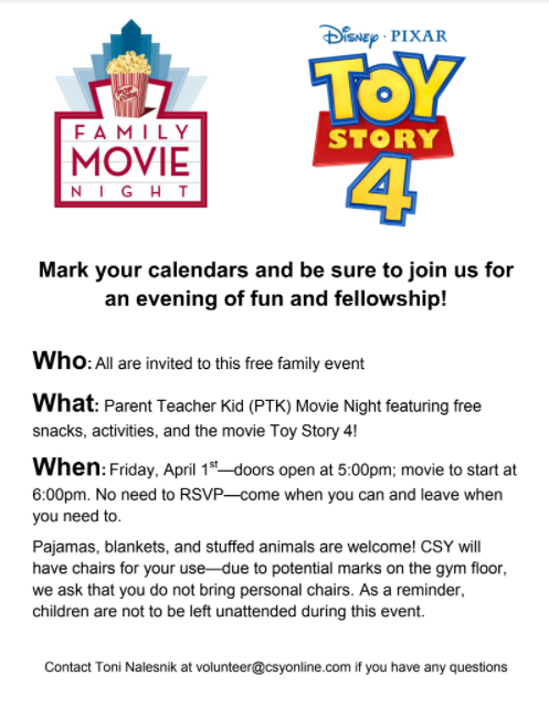 Mark your calendars! Friday, April 1st, Parent Teacher Kid is hosting a movie night (and we're not fooling)! Be sure to come on out to enjoy a night full of fellowship and fun!
