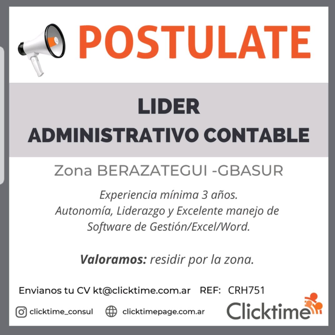 info_clicktime's tweet photo. Hola! Encontrá todas nuestras búsquedas en https://t.co/e2DglsCSYY

#compartir #RRHH #TrabajoAr #trabajo #consultora #clicktime https://t.co/XD1NtBmSNx