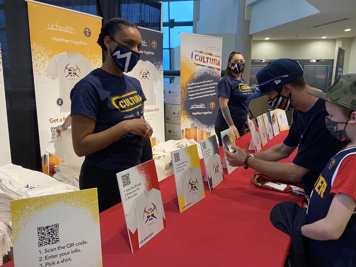 nuggets's tweet photo. .@uchealth is at Ball Arena to hook you up with their "Cultura" tee designed by local artist @jwlc_art! Come by sections 104 &amp; 367 to get yours before they're gone! https://t.co/jHVl2yIIaB