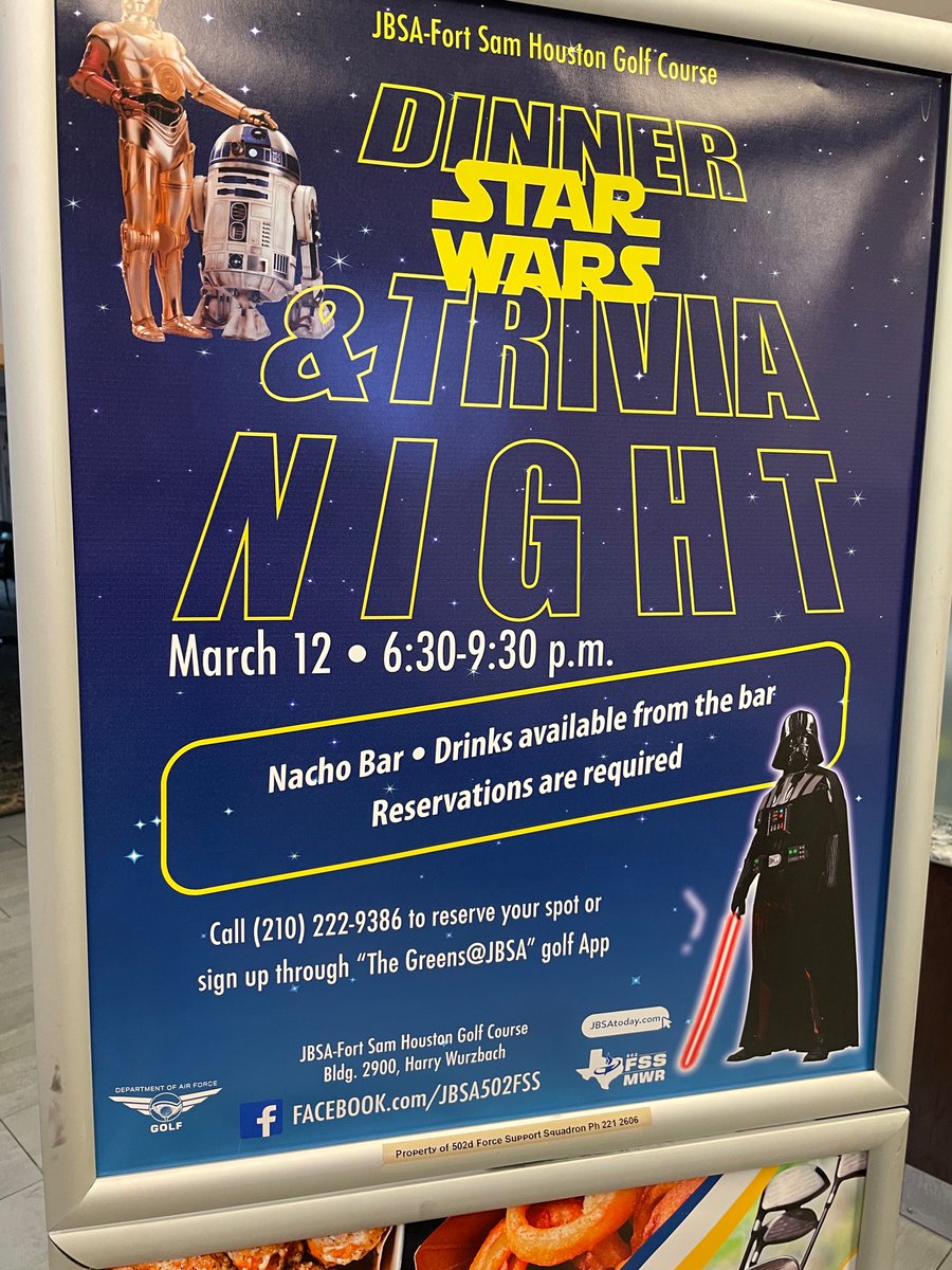 Cuellar414's tweet photo. Great #StarWars #Trivia event coming up at our #502FSS #JBSAFortSamHouston golf course on March 12th https://t.co/XFe9Ggl8l9