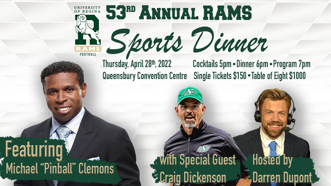 🎟 TICKETS ON SALE NOW!
For the 53rd Annual Rams Sports Dinner
Funds raised will go towards the educational assistance plan for athletes scholarships.

Featuring MICHAEL “PINBALL” CLEMONS with special guest CRAIG DICKENSON and hosted by DARREN DUPONT!! 

showpass.com/rams-sports-di…