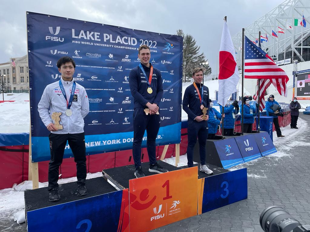 USSpeedskating's tweet photo. It was a day full of podiums at University Champs🙌

William Gebauer took the Gold in the 500m with a new Track Record, and teammate Conor McDermott-Mostowy grabbed the Bronze 🔥

Anna Quinn, Thalia Staehle and Ilsa Shobe were a part of the Women’s Bronze Medal Team Pursuit Team! https://t.co/MMaWyinLsE