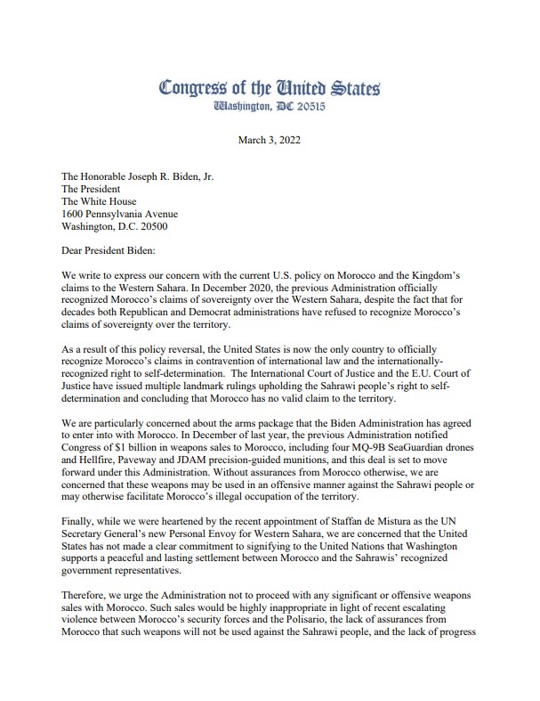 RepSaraJacobs's tweet photo. Proud to be leading a letter urging the White House to stop significant or offensive arms sales to Morocco given the lack of assurances from Morocco that the weapons will not be used against the Sahrawi people. https://t.co/4Bbtyd7Ozs