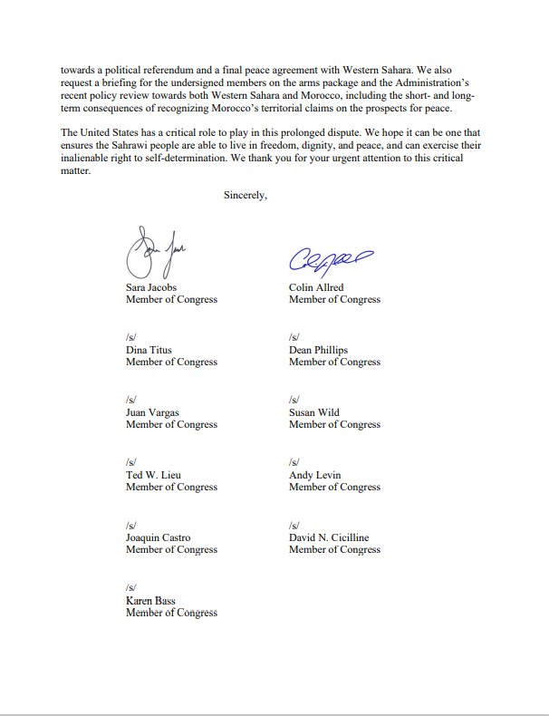 RepSaraJacobs's tweet photo. Proud to be leading a letter urging the White House to stop significant or offensive arms sales to Morocco given the lack of assurances from Morocco that the weapons will not be used against the Sahrawi people. https://t.co/4Bbtyd7Ozs