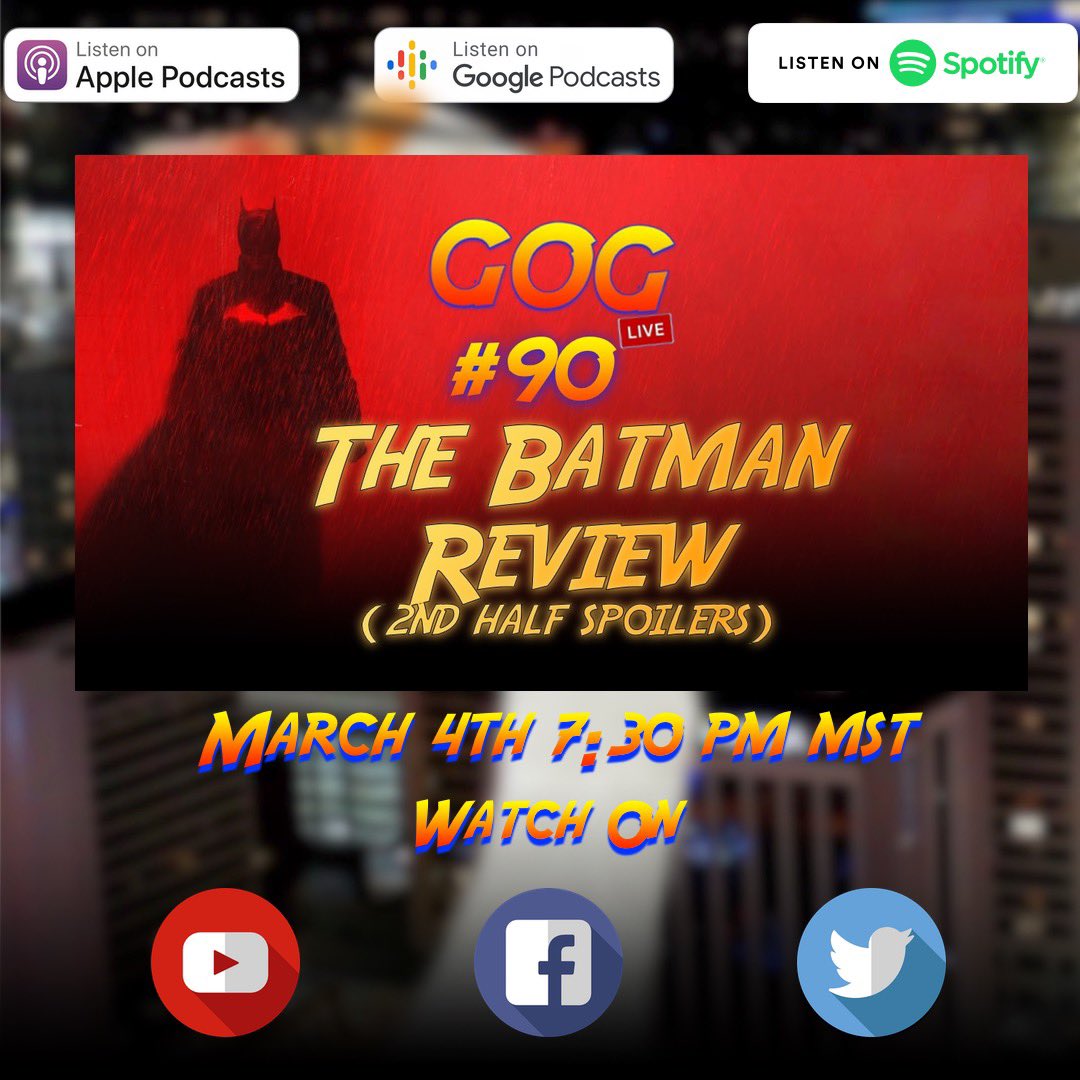 gaggleofgeeks's tweet image. What is up my Gaggle of Geeks?!

TONIGHTS SHOW:  GOG #90. The Batman Review (2nd Half Spoilers)

SUBSCRIBE AND FOLLOW US: 
linktr.ee/gaggleofgeeks
#TheBatman #TheBatmanMovie #Batman