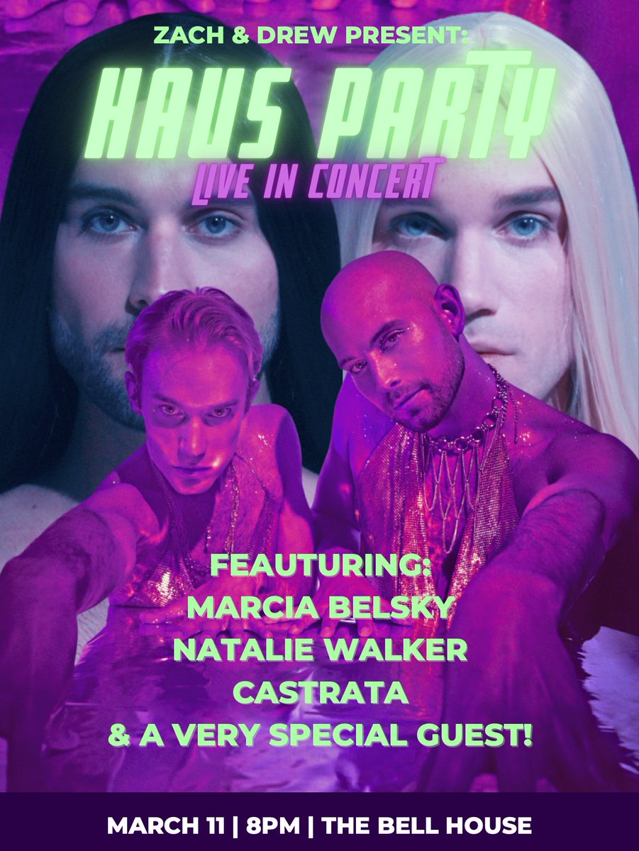 This Friday night, @zachteague3 and @DrewLausch host Haus Party: Live in Concert! 5 band members, 2 hosts, and a slew of special guests to celebrate the wildest show in NYC! Special Guests include @MarciaBelsky, @nwalks, and @castratanyc! 🎟Tickets: bit.ly/3CcjyJi