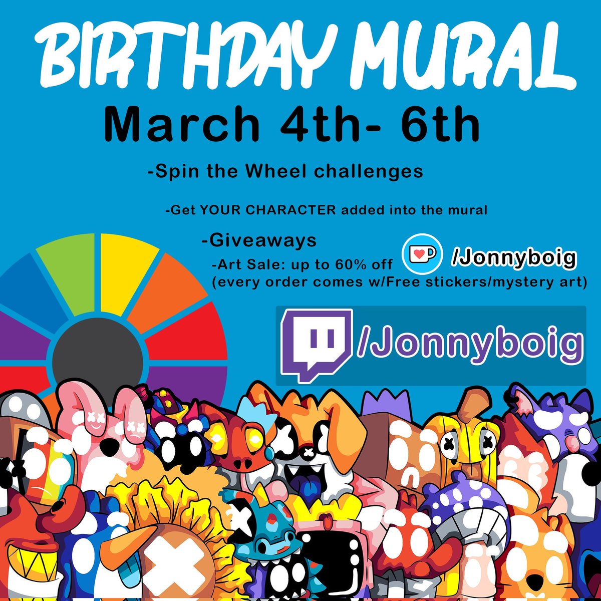 Jonnyboig's tweet photo. It's My Birthday! And I'm painting my mural starting at 7pm pst 

I have a Birthday art sale going on! 
 
https://t.co/9Qc2LZvz68 

And threw out the weekend on stream have a wheel with all kinds of challenges and you could ve added into the mural!! 

#birthday #twitch #mural https://t.co/nECZBrYcVX