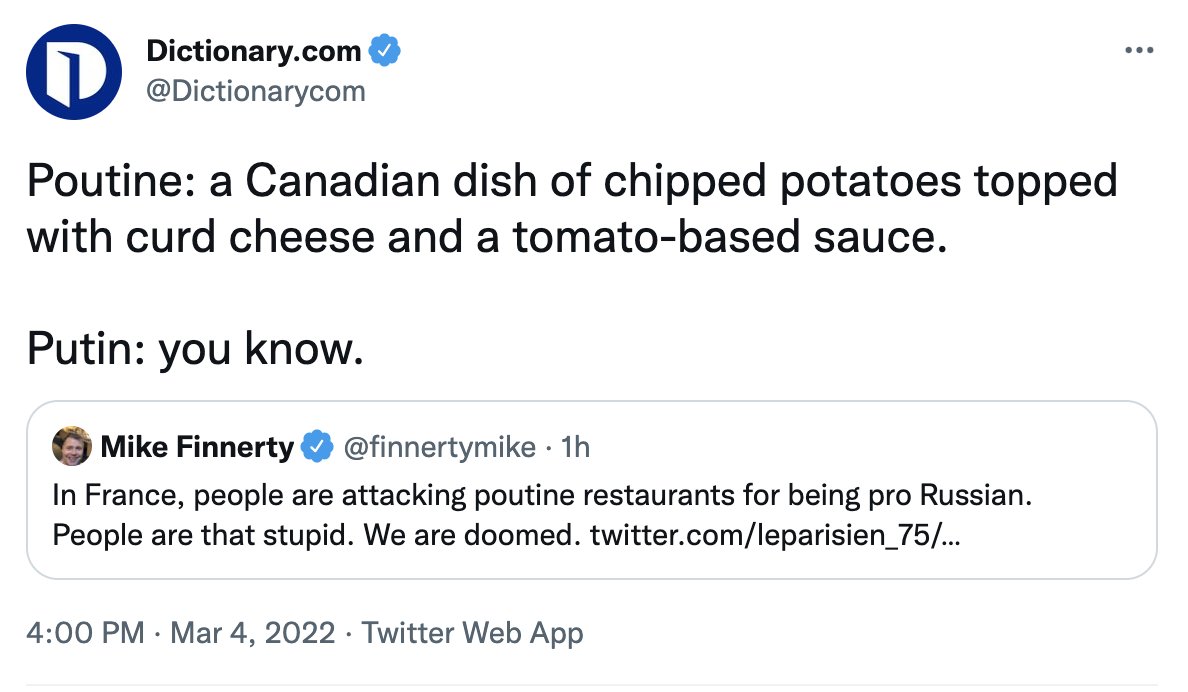 Dictionarycom's tweet photo. Earlier this afternoon, we tweeted about poutine being topped with a tomato-based sauce. 

We apologize for this gravy error, and will strive to be better going forward. https://t.co/lMohp7U6Si