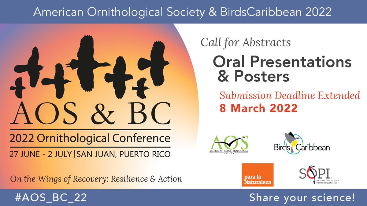 Weekend plans? Now is the time to polish up your abstract proposals for #AOS_BC_22 oral presentations &amp; posters; submission deadline is 3/8/22. 
Guidelines/Info: 
meeting.americanornithology.org/call-for-abstr…
#ornithology #scicomm