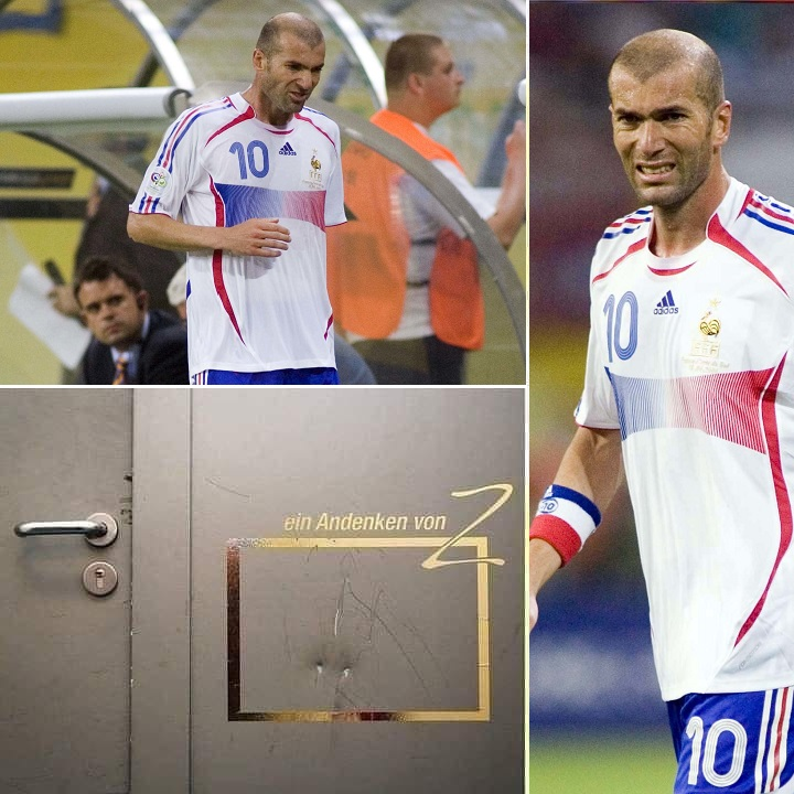 _BeFootball's tweet photo. Après un nul face à la Corée du Sud lors du mondial 2006 à Leipzig, Zinedine Zidane a donné un coup de pied dans la porte du vestiaire.

Depuis, le club allemand n'a jamais réparé cette dernière et l'a encadrée avec une dorure en or. ✨ https://t.co/UgPFSZkKWE