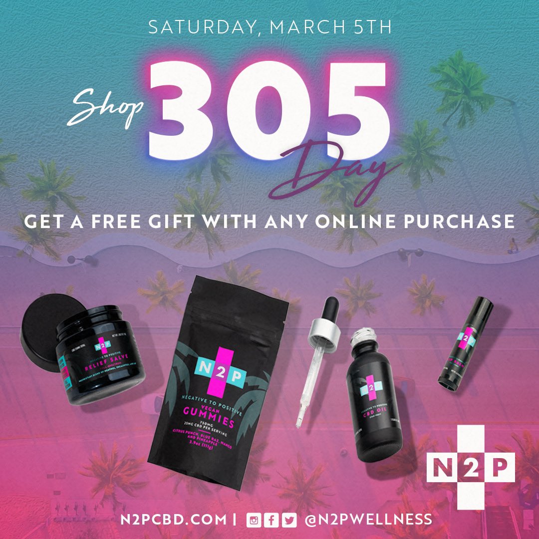 n2pwellness's tweet photo. Tomorrow is March 5th, or as we know it, 305 Day! 
In honor of this occasion, any N2P purchase made on March 5th gets a free gift!

Place your 305 day order online at https://t.co/Mcq5gWOKtk 🎁

#305 #305day #national305day #march5 #cbd #cbdwellness #n2pcbd #n2pwellness #wellness https://t.co/xLDYr3nIDh
