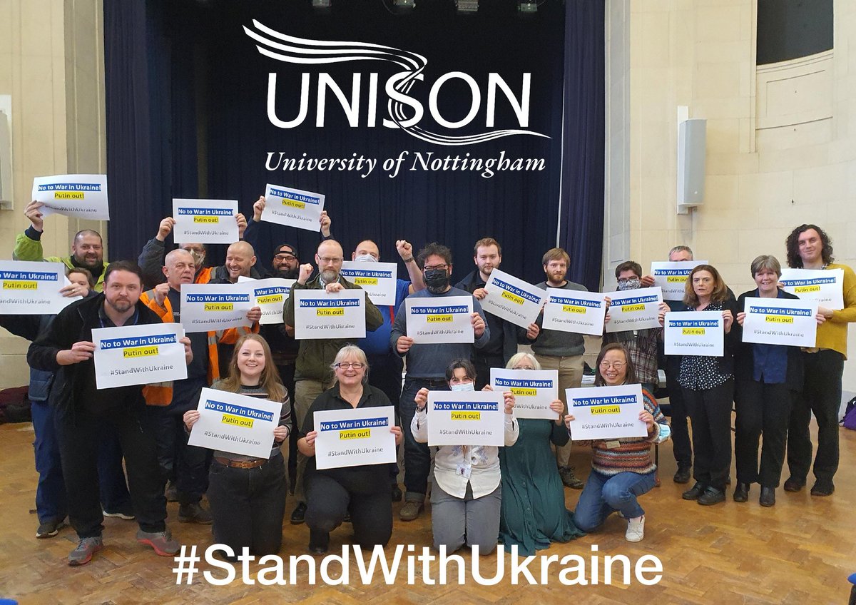 #UNISON members at University of Nottingham express our #SolidarityWithUkraine at our Annual General Meeting on Thursday 3 March 2022. When we meet next year may #Ukraine be free! #StandWithUkraine #PutinOut