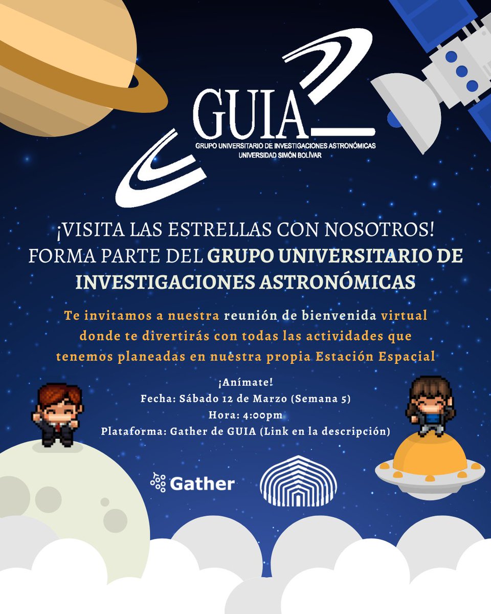 GUIA_USB's tweet image. ¿Te gusta la astronomía?¿Quisieras aprender sobre planetas, telescopios, cohetes y agujeros negros? 🪐🧑🏻‍🚀

¡Forma parte de nosotros! ✨

Fecha: Sábado 12 de Marzo (Semana 5)
Hora: 4:00pm
Plataforma: Gather app.gather.town/invite?token=6…