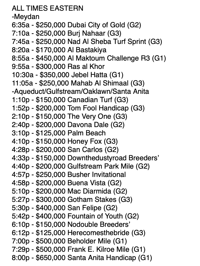 DailyRacingForm's tweet photo. Want to catch all the best stakes action tomorrow? Check out our list of post times, then watch and wager with #DRFBets!
Includes Meydan, Aqueduct, Gulfstream, Oaklawn, and Santa Anita! https://t.co/lK0RU4QU8F