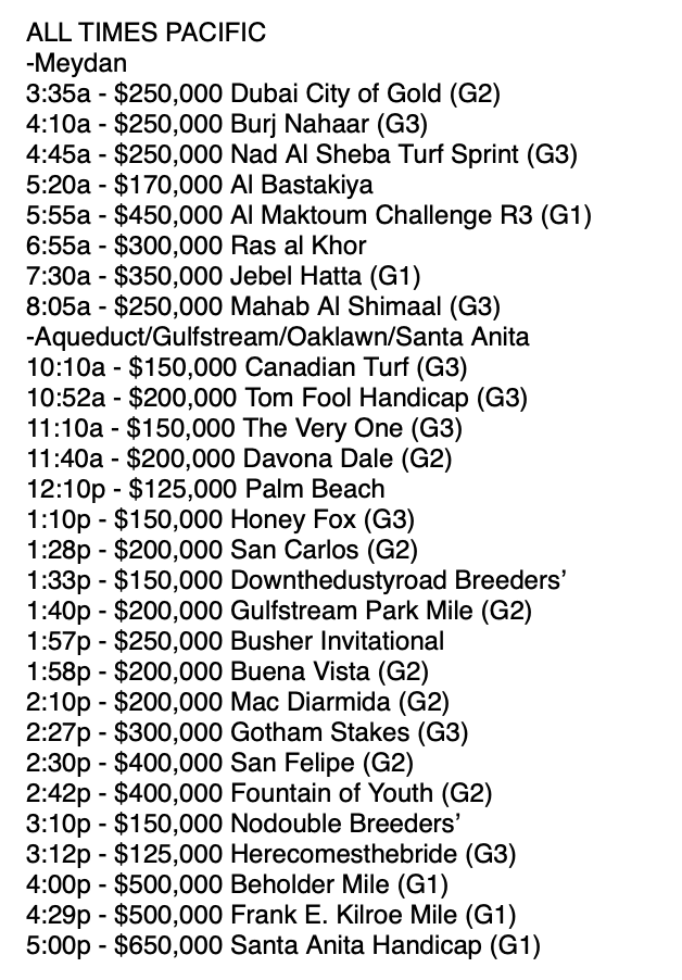 DailyRacingForm's tweet photo. Want to catch all the best stakes action tomorrow? Check out our list of post times, then watch and wager with #DRFBets!
Includes Meydan, Aqueduct, Gulfstream, Oaklawn, and Santa Anita! https://t.co/lK0RU4QU8F