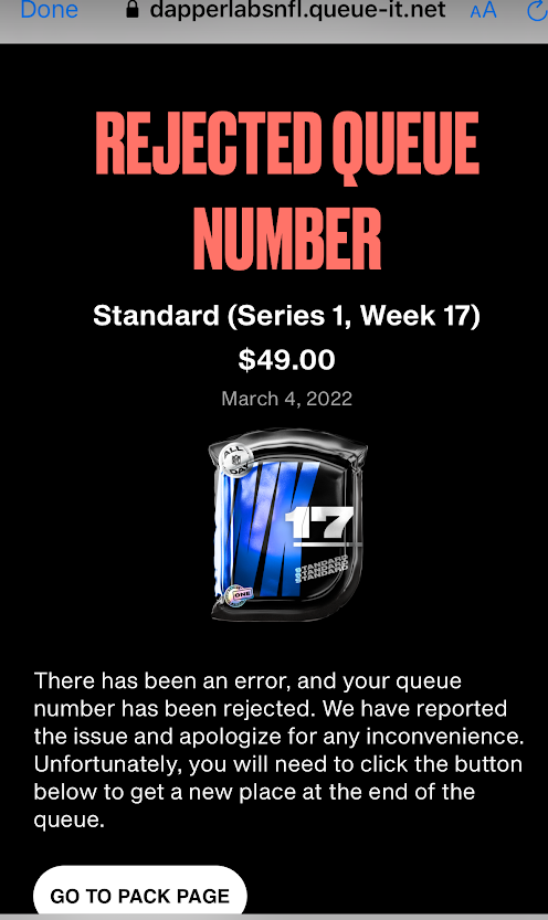 TravisLowCX's tweet photo. @NFLALLDAY very upset with the first drop today.  I've participated in every drop and finally was going to get a pack.  And this happened #comeonman https://t.co/meHRjS1AgX