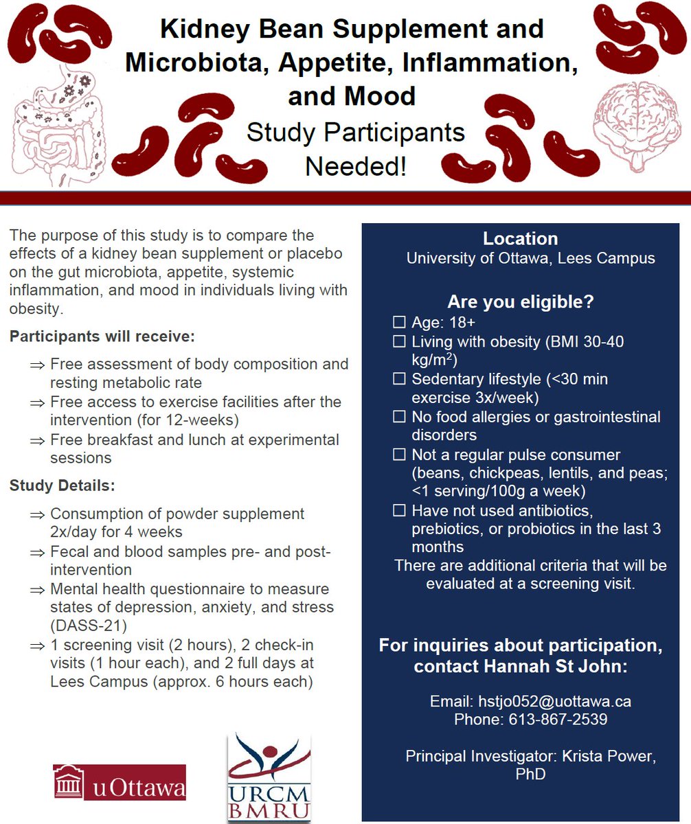 We are recruiting participants in the #Ottawa area to examine the impact of a kidney bean supplement on microbiota, appetite, inflammation, and mood! DM me or email hstjo052@uottawa.ca if you are interested in joining our study. Please share! <a href="/uOHealthRes/">uOttawa FHS Research/ FSS Recherche Santé</a> <a href="/uOttawaHK/">uOttawa HK</a> <a href="/uOttawa/">Université d'Ottawa | University of Ottawa</a>