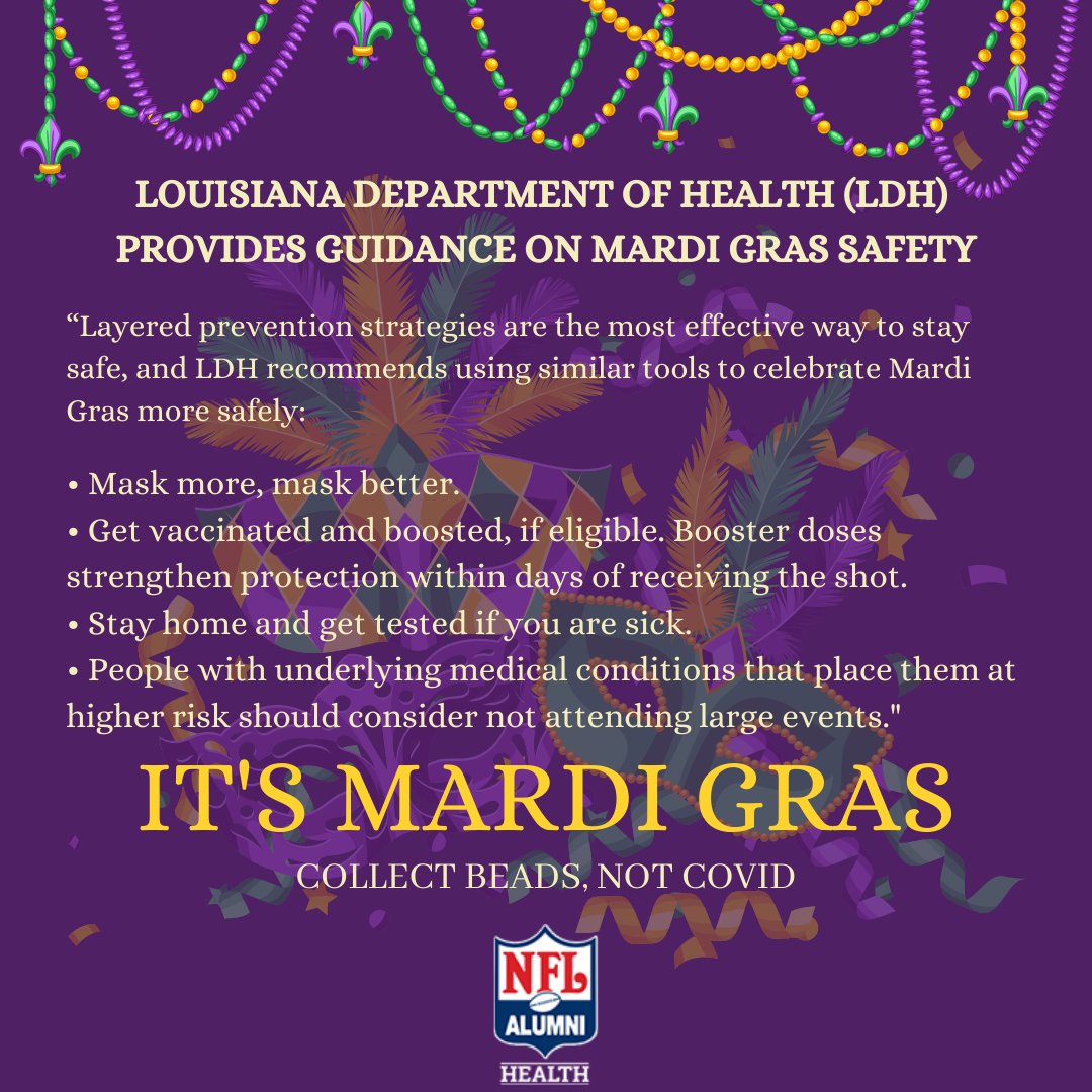 nflajax's tweet photo. Check out @NFLAlumniHealth #HealthTip that comes from @NFLAlumni Gulf Coast Chapter #vaccination event partner @LADeptHealth on how to keep safe against #COVID during #MardiGras &amp; beyond so you can collect beads, not COVID. #NFLAlumniHealth https://t.co/D1CWLw6anO