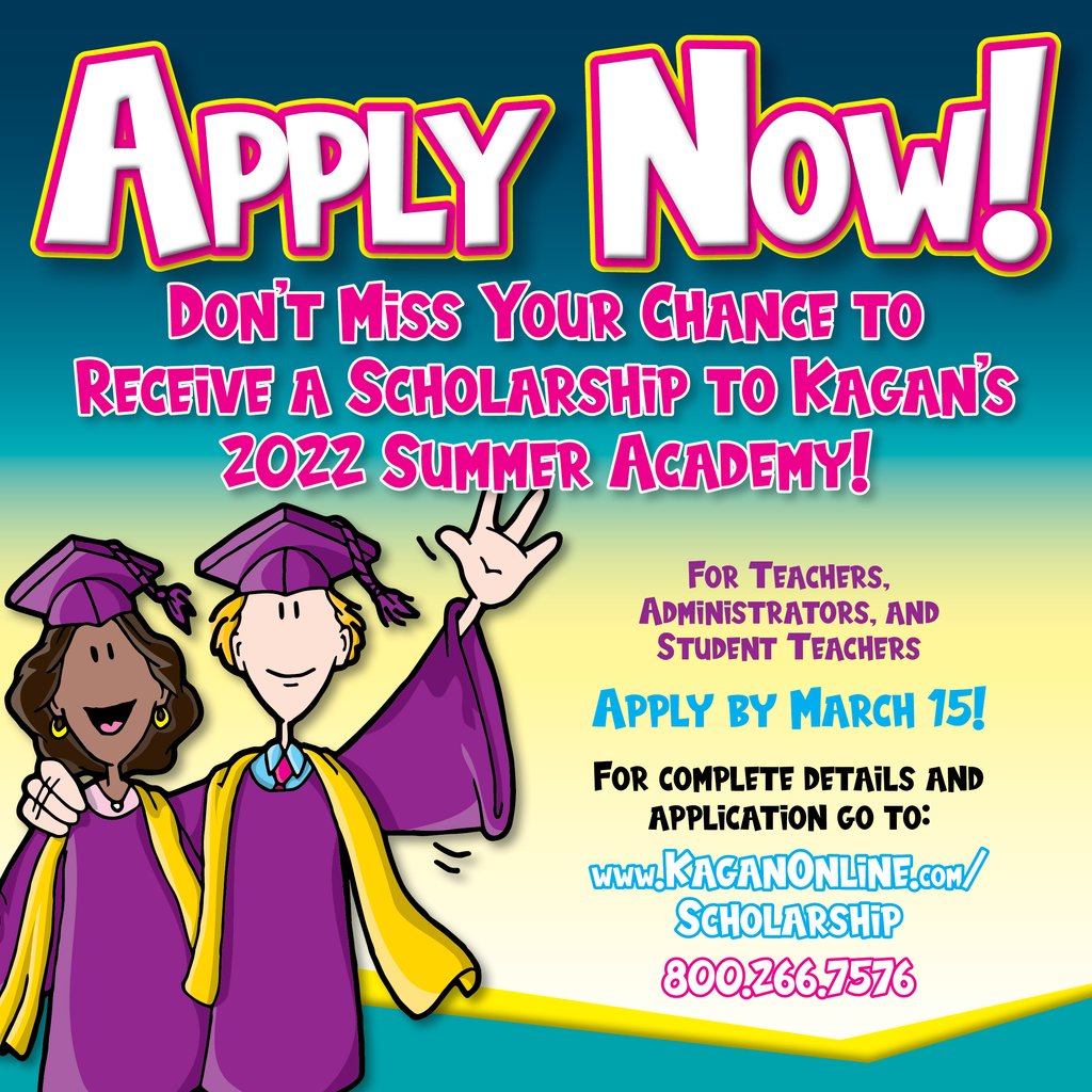 Apply Now!!! You could be a winner of a Kagan Scholarship for our biggest training of the year, Kagan Summer Academy! We want to see you there! Come experience the structures. Come experience the magic. Come experience full engagement!

kaganonline.com/workshops/summ…