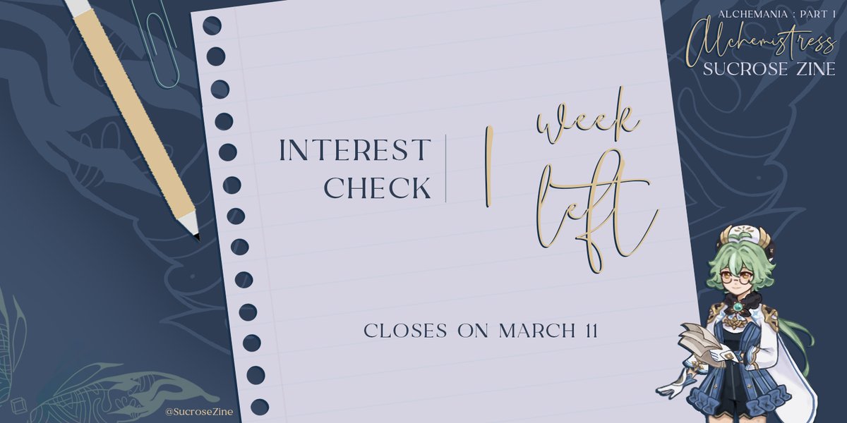 SucroseZine's tweet photo. Sucrose Fans, hello! 🧪💚
There's only 1 week left for interest check! 🦋
Every response makes it easier to collect data and make the final product (both the zine and @thealchemania project) closer to how you imagine it!
https://t.co/eY5XRKehzx
FORM: https://t.co/FLjqZSER89 https://t.co/CKh0HKqnMF