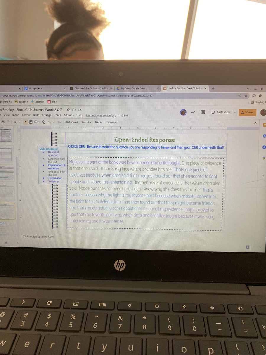 GiulianoELA6's tweet photo. Students created their own discussion questions for our discussions today! Here they are using their questions in their discussions and referring back into the text for evidence! #artsmiddle @CrecArtsMiddle1 https://t.co/7G3cyCnojd