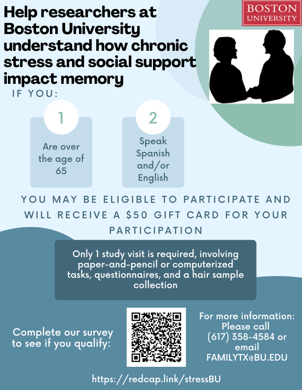 BU_FDTLab's tweet photo. Help us understand how stress &amp; social support impact memory! See our flyer for more information or visit https://t.co/zNIKiOyzCM to see if you are eligible. 
@BU_Tweets @bualumni
 #EndALZ #psychology #research https://t.co/Gd0HlpGbSE