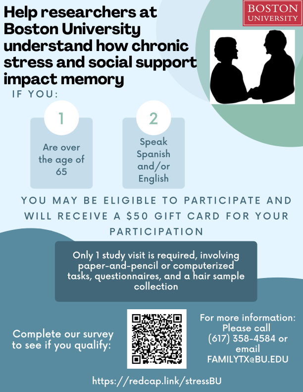 Help us understand how stress & social support impact memory! See our flyer for more information or visit redcap.link/stressBU to see if you are eligible. 
@BU_Tweets @bualumni
 #EndALZ #psychology #research