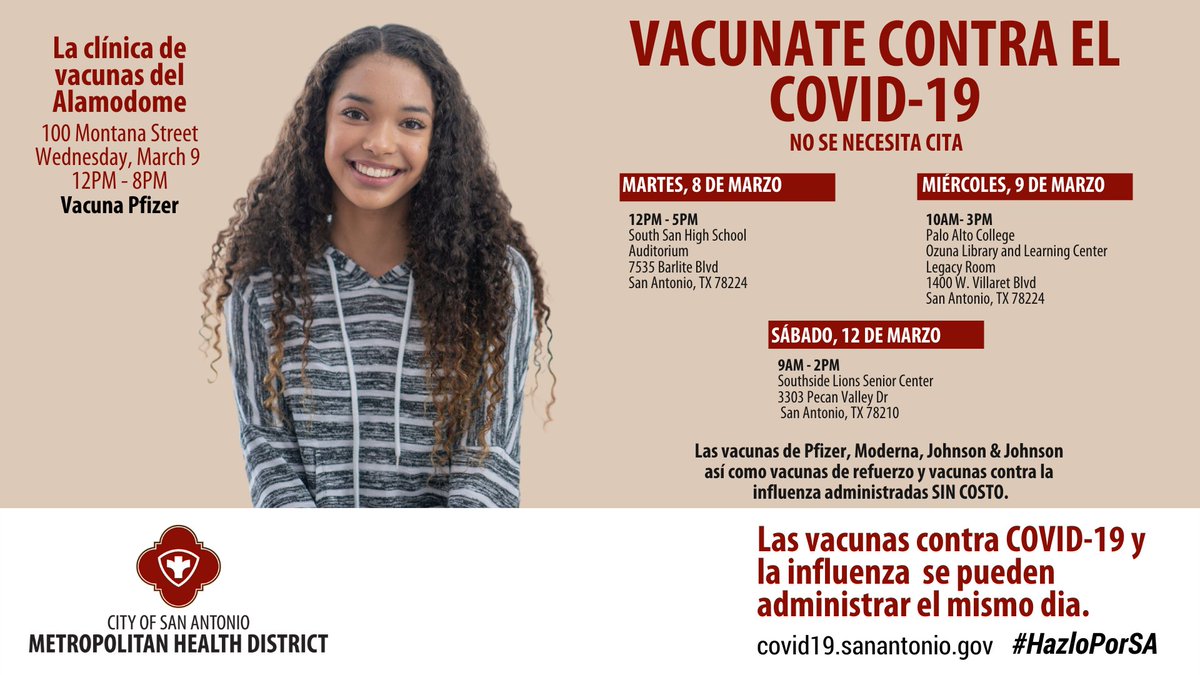 SAMetroHealth's tweet image. No se necesita cita! Aquí están los próximos horarios de las clínicas de vacunas en el Alamodome 
y clínicas móviles de Metro Health en toda la ciudad. Para encontrar la clínica de vacunas más cercana, visítenos en línea en covid19.sanantonio.gov/News-Events/Ev…