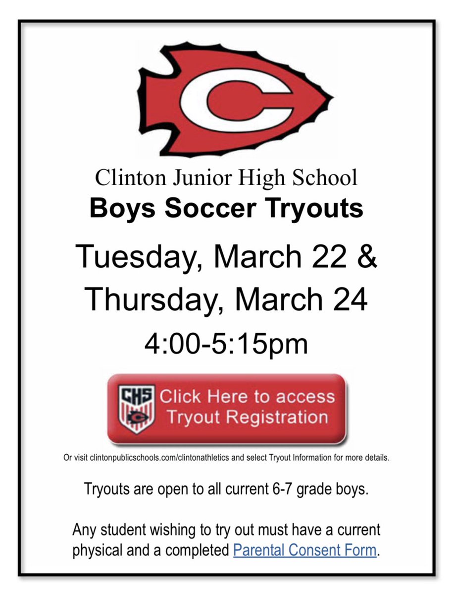 CHSArrowSoccer's tweet photo. Junior High Boys Soccer Tryouts

March 22 and March 24
4:00pm-5:15pm
at Arrow Field

Tryouts are for any current 6th and 7th Graders. 

Must have a signed parent consent t form and updated physical

Fill out the registration form to sign up for tryouts. 

https://t.co/Ug5KxMbUSU https://t.co/7Fq4ar53SU