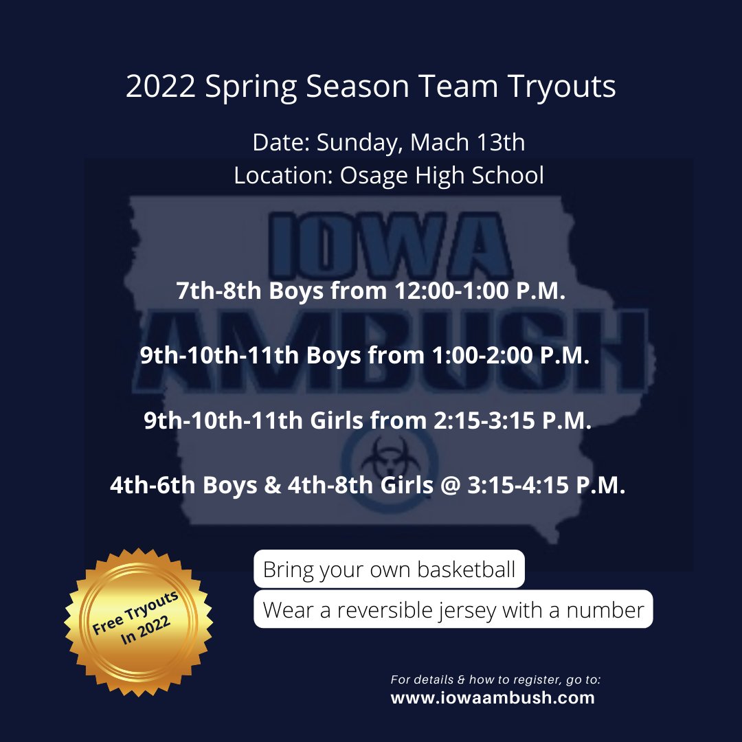 AmbushLLC's tweet photo. @iowaambush Tryouts - March 13th - FREE to ALL ATHLETES 

Teams are already forming for 10U-17U - We are just looking for a few players to round out teams! 

More info here: https://t.co/uHeRx4CNrM

 https://t.co/6g8b2TnAWe https://t.co/iBQ3RLzDM8