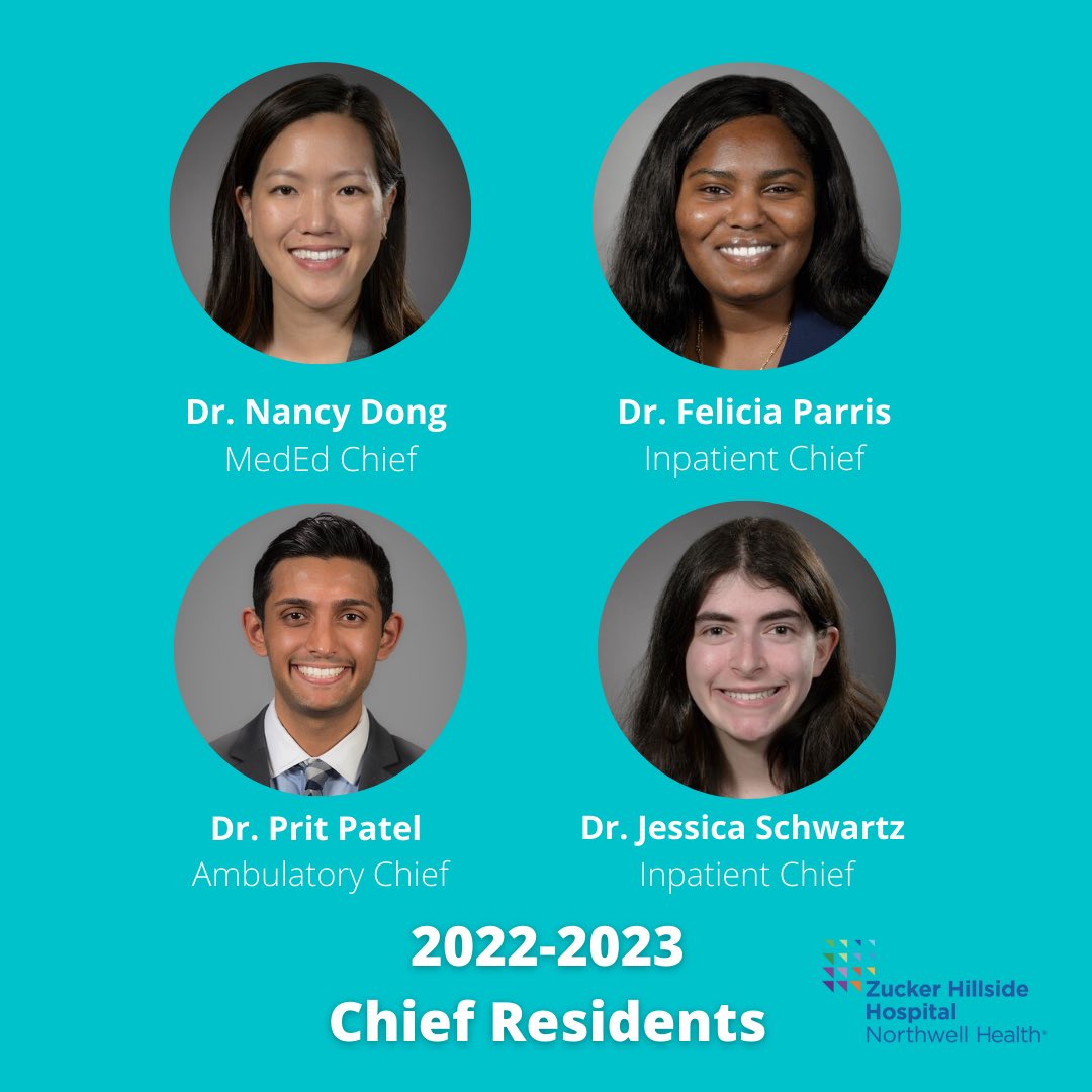 🎉 Special congrats to our newly selected chief residents for the 2022-2023 academic year!! 🎉 

Meet our rising chiefs: 
📚 Dr. Nancy Dong: Medical Education 
🏥 Dr. Felicia Parris: Inpatient 
🗃 Dr. Prit Patel: Ambulatory 
🏥 Dr. Jessica Schwartz: Inpatient