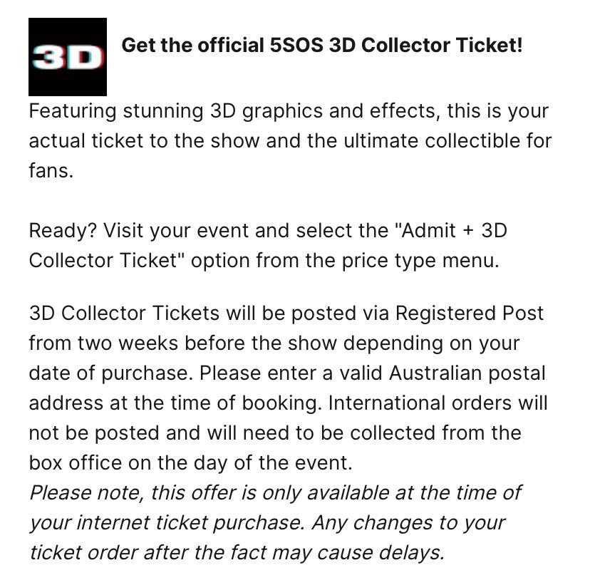 deangelisqueen's tweet photo. @5SOS do we still get the 3D ticket if we’ve paid extra? https://t.co/91pqDlN49v
