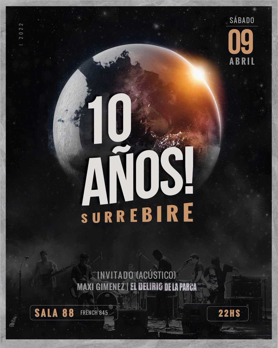 Surrebire's tweet photo. ¡¡¡Vuelve Surre!!!💥💥 💥 

Por una única noche y para celebrar junto a ustedes nada menos que 10 años de la primera vez que subimos a escena.. 

🎟 ENTRADAS: Opüi Espacio de Culto (Mitre 225) o por Delivery a donde la pidas. 
#10Años
#Entregritosybanderas https://t.co/ydYHMQzQle