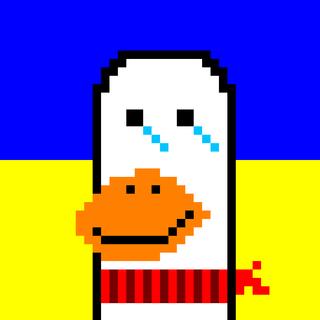 Cryptoducks__'s tweet photo. Ukranian duck 1/3 now available on Opensea. Price: 0.008 ETH. If it is sold all the money will be donated to those affected by the war. 
https://t.co/IG5qaNhvCq
#art #nftart #NFTCollection #nftartist #nftcollector #love #artist #NFTs  #fashion #NFT #photography #photooftheday https://t.co/jlEZawFJt2