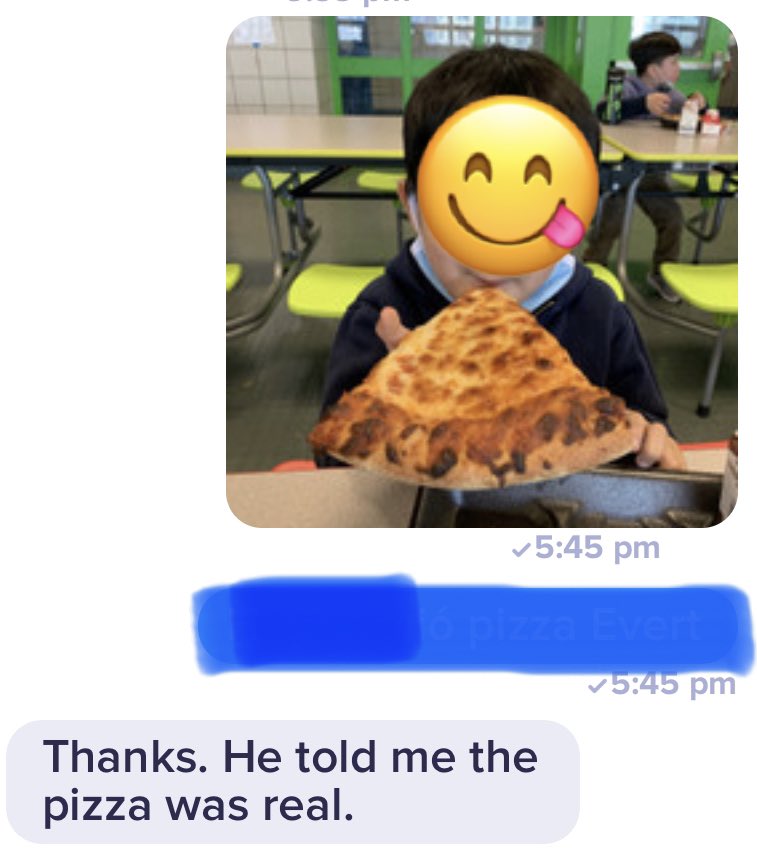sspeziale's tweet photo. @RPSDining My class wanted to let you know that they thought the pizza was delicious today! 
I have a very picky eater in my Kindergarten class at @GES_Revere and he was soooo excited about today’s lunch.  I sent his mom a picture and she responded Thank you, He said the pizza was “real” https://t.co/IGseaIepot