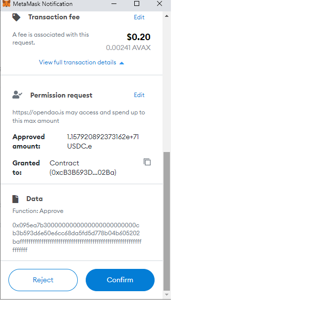Cryptooey's tweet photo. @MetaMask @RevokeCash @etherscan @The_OpenDAO I never confirmed. It wanted me to allow unlimited USDC.e (AVAX chain USDC) to be spent when the swap was only between OpenDAO and AVAX. https://t.co/M1eiWlA6ru