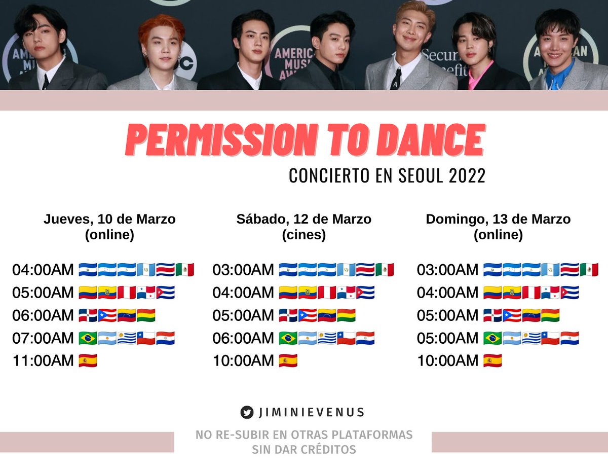 jiminievenus's tweet photo. Les dejo los horarios para el concierto de BTS 'Permission to Dance en Seoul' 2022.

— Les estaré compartiendo 🔗 de transmisi0n para los dos días del concierto (10 &amp; 13 de Marzo).

— Mi cuenta estará en privado (🔒) por seguridad a las cuentas que van ha transm1t1r (↓) https://t.co/3s9LtOx7K2