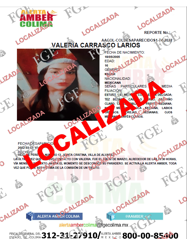 AAMBER_col's tweet photo. Estimados enlaces del programa Alerta AMBER Colima.
Nos es grato informar que ha quedado desactivada la Alerta que se emitió por la desaparición de la menor, VALERIA CARRASCO LARIOS, debido a que ya fue localizada https://t.co/rEau2vMfv0