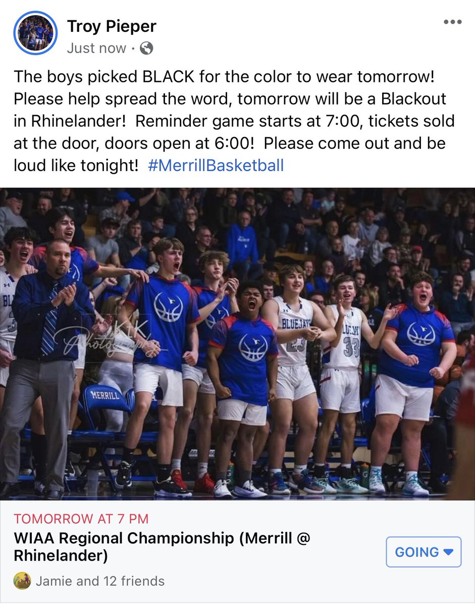 Win and advance… that’s what post season basketball is, and we found a way to beat a very good Mosinee team tonight!  Tomorrow fans show up and give the same energy you gave tonight!  Tickets sold at the door, 6:00pm doors open, tip time 7:00!  #WearBlack  #MerrillBasketball