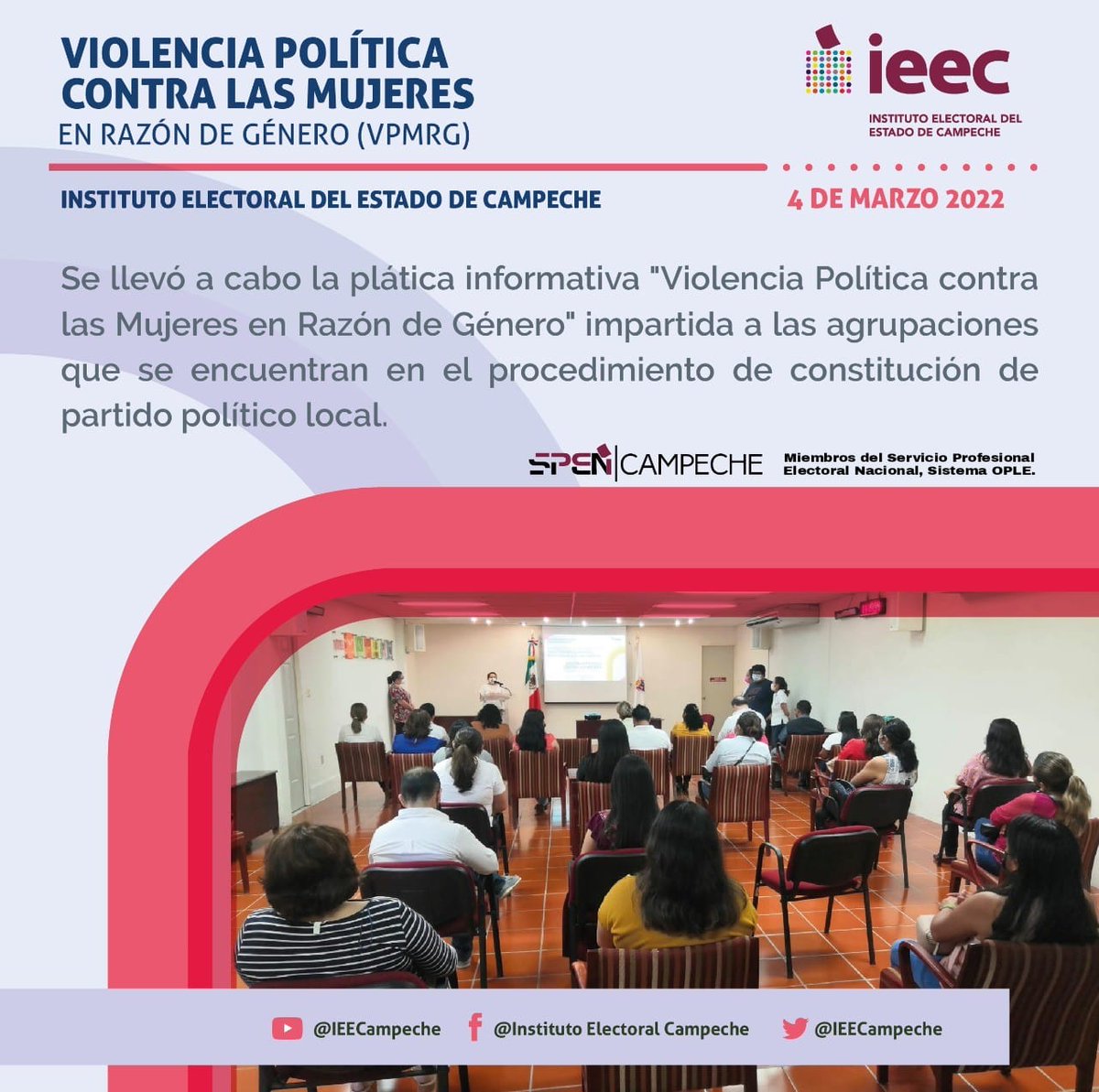 IEECampeche's tweet photo. #IEECInforma | A través del @Oppmujerescamp, miembros del SPEN, Sistema OPLE impartieron la plática "Violencia Política contra las Mujeres en Razón de Género", dirigida a las agrupaciones en procedimiento de constitución de Partido Político Local.
#OPPMC
#VPCMRG https://t.co/fthAgQ334m