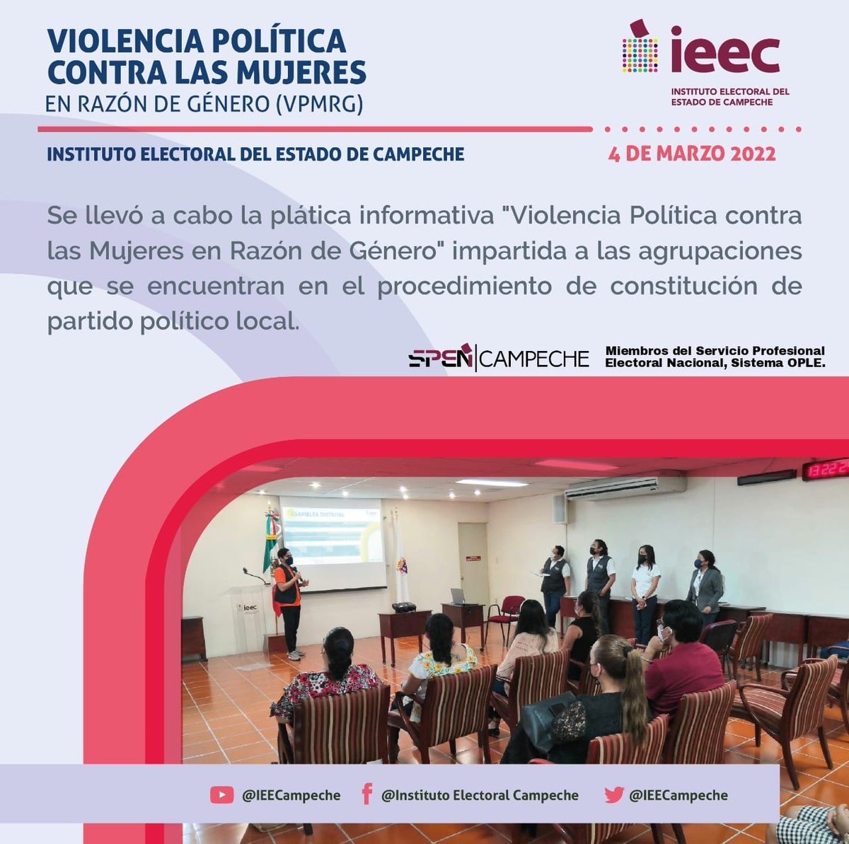 IEECampeche's tweet photo. #IEECInforma | A través del @Oppmujerescamp, miembros del SPEN, Sistema OPLE impartieron la plática "Violencia Política contra las Mujeres en Razón de Género", dirigida a las agrupaciones en procedimiento de constitución de Partido Político Local.
#OPPMC
#VPCMRG https://t.co/fthAgQ334m