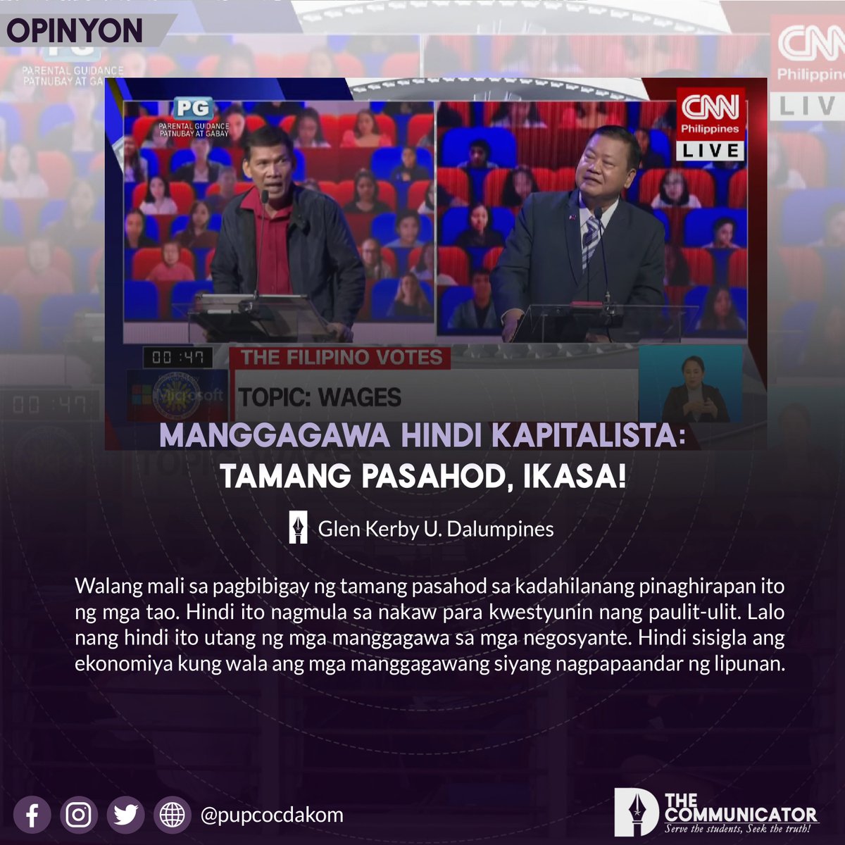 pupcocdakom's tweet photo. OPINYON | Manggagawa hindi Kapitalista: Tamang Pasahod, ikasa!

Artikulo: Glen Kerby U. Dalumpines
Graphics: @janelle_dakom 
Larawan: Screenshot mula sa CNN Philippines

Read the full article on our Facebook page: https://t.co/8LFMS5WDa3 https://t.co/kMNV1hy4y7
