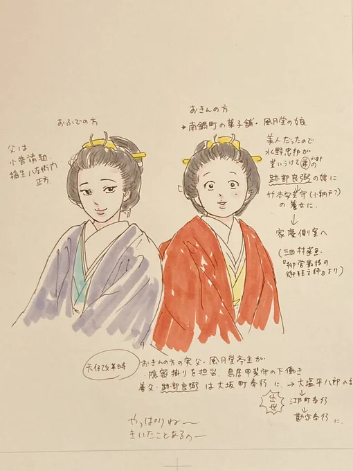 そういえば今週号はお休みをいただいておりますが代わりと言ってなんですが12代将軍家慶つき中臈(側室)のおふでとお金の落書きです
お金さんはお菓子屋さんの娘さんだったそうで美人だったので跡部良弼の養女となり、その後小納戸役の竹本安芸守の娘として(竹本沢右衛門の妹)大奥に上がったそうな 