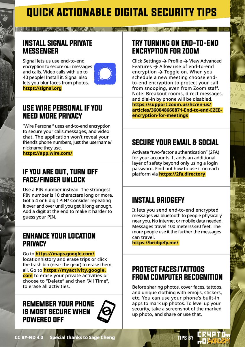 CryptoHarlem (@cryptoharlem) on Twitter photo PLEASE RT: "Quick Actionable Digital Security tips" (2022) English / Ukrainian / Russian
peace to all sentient beings. PDF at cryptoharlem.com/resources Thank you <a href="/Knythrou/">its me, n-n-naitru</a> <a href="/nsamarin/">Nikita Samarin</a>, sage cheng, & the rest of the team of volunteers that made these possible. 🕊☮ PLEASE RT: "Quick Actionable Digital Security tips" (2022) English / Ukrainian / Russian
peace to all sentient beings. PDF at cryptoharlem.com/resources Thank you <a href="/Knythrou/">its me, n-n-naitru</a> <a href="/nsamarin/">Nikita Samarin</a>, sage cheng, & the rest of the team of volunteers that made these possible. 🕊☮