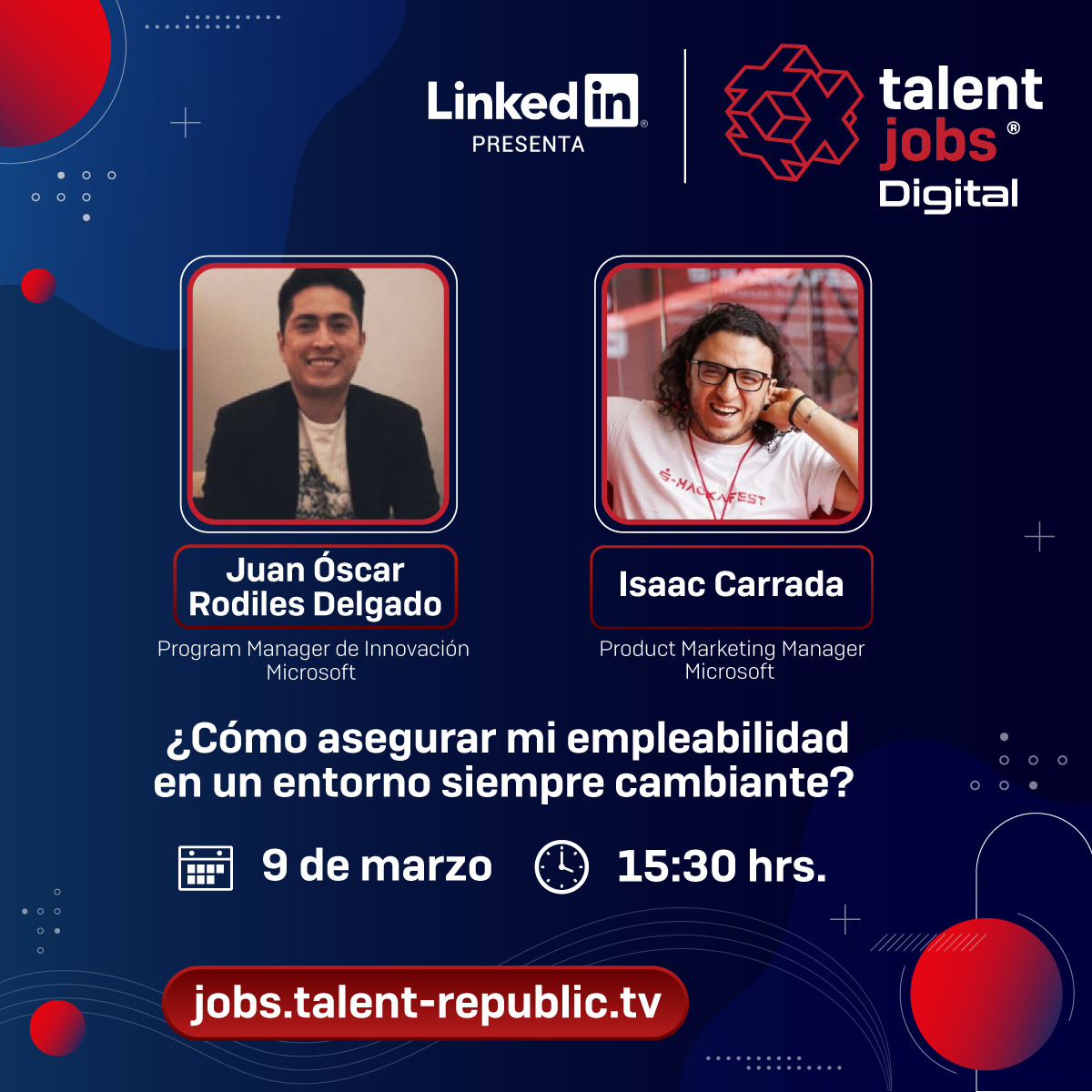 Talent Jobs Digital y Microsoft te invitan a la ponencia "¿Cómo asegurar mi empleabilidad en un entorno siempre cambiante?", en voz de <a href="/jrodiles/">Juan Oscar Rodiles D</a> e <a href="/elbuenizzy/">elbuenizzy</a> <a href="/Microsoft/">Microsoft</a> 

💥 Aparta tu lugar: jobs.talent-republic.tv 💥

¡Un espacio para el trabajo!

#TalentNetwork #talentjobs