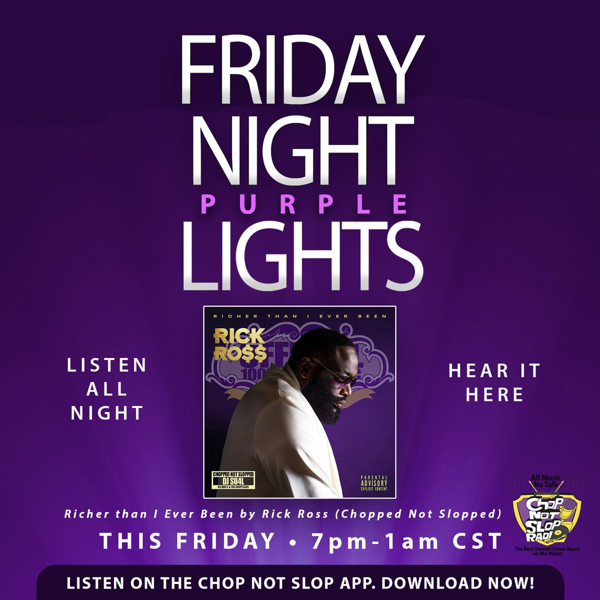 Chop Not Slop App (@chopnotslop) on Twitter photo RIGHT NOW!
Richer than I Ever Been by <a href="/richforever/">Rich Forever</a> gets Chopped Not Slopped for Friday Night Purple Lights!
Starting 7 pm - 1 am CST 🔊
Tune in at Chop Radio on The Chop Not Slop App
Available To Download On All App Stores 📲📲📲 RIGHT NOW!
Richer than I Ever Been by <a href="/richforever/">Rich Forever</a> gets Chopped Not Slopped for Friday Night Purple Lights!
Starting 7 pm - 1 am CST 🔊
Tune in at Chop Radio on The Chop Not Slop App
Available To Download On All App Stores 📲📲📲