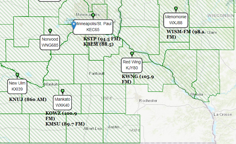 WxMinnesota's tweet photo. Know where to tune for Emergency Alerts?

Here's a map of area Weather Radio and commercial stations that relay weather/civil alerts.

If you have any questions, feel more than free to ask : )

Always have your Weather Alert radios on!

#MNwx #WIwx #IAwx #Minneapolis #RochMN https://t.co/2SNn2lQRJn