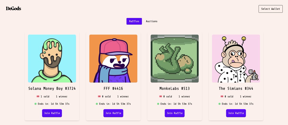 7 $DUST Raffles are now live for the next 30 hours:

1 @SolanaMoneyBoys 
1 <a href="/FamousFoxFed/">Famous Fox Federation 🦊🟠</a> 
1 <a href="/monkelabs/">gho</a> 
1 <a href="/MonkeRejects/">Rejects</a> 
1 <a href="/SimiansNFT/">The Simians Universe 🦠</a> 
30 <a href="/infinity__girls/">Infinity Girls</a> WL Spots
40 <a href="/bracketXNFT/">bracketX</a> WL Spots

store.degods.com/raffles