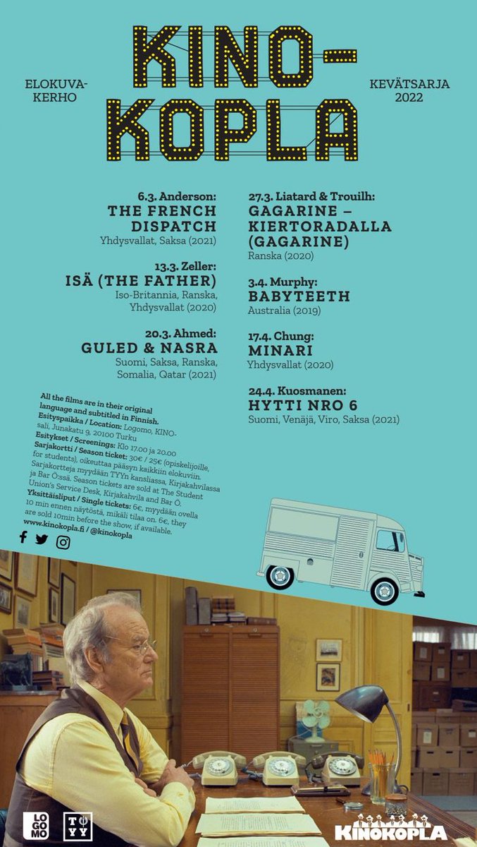 Kinokopla's tweet photo. ✨Kinokoplan kevätsarja 2022 alkaa jo vihdoin sunnuntaina! Aloituselokuvana on Wes Andersonin The French Dispatch (2021).✨

Tervetuloa Logomon KINO-salin hämärään! 📽 https://t.co/xbFcoRqrFT