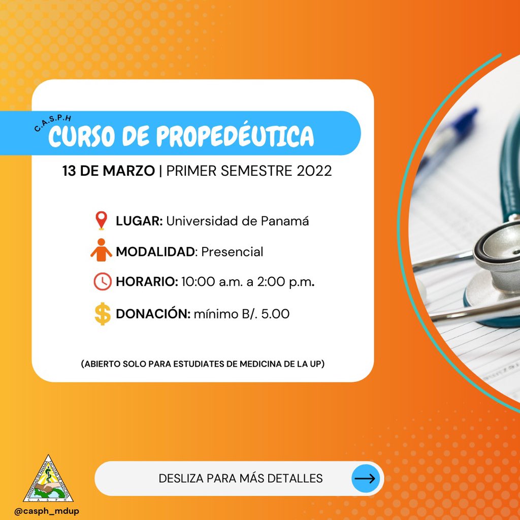 CASPH_MDUP's tweet photo. Curso de Propedéutica del Primer semestre 2022 🙌🏼✨

¡Te invitamos a participar y que no te pierdas de este curso! 

🗓 domingo 13 de marzo
💰donación: B/. 5.00 
📍Universidad de Panamá - modalidad *presencial* 

Inscríbete en este link: https://t.co/9ewiSXNGqD https://t.co/2aQpdWW9MD